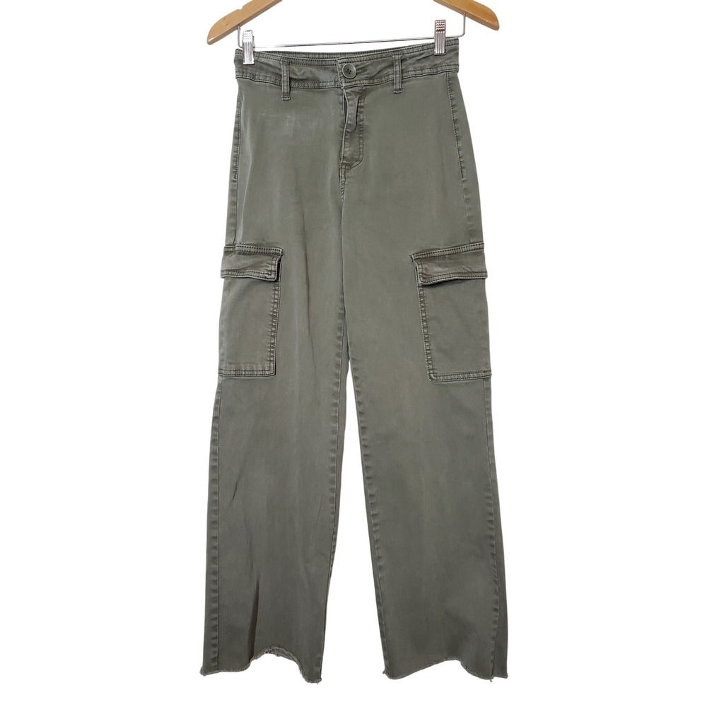 OAT NEW YORK Olive Green Cargo Jeans Wide Leg Raw Hem Womens 2/ 26 Retro
